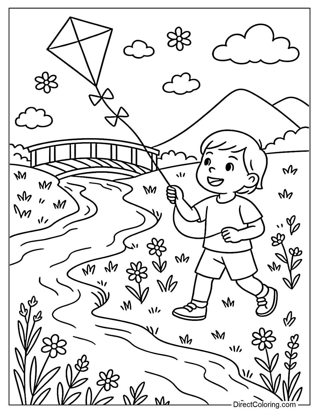 Coloring page of a boy flying a kite by the river, with a wooden bridge and flowers on both sides.